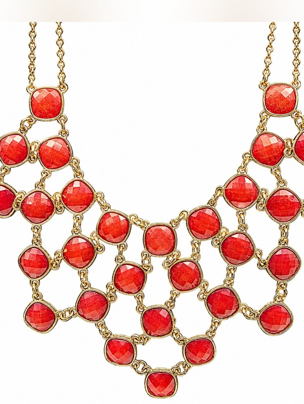 💎 Gold Tone Red Faceted Bib Statement Necklace Cascade Layered Fashion Jewelry - Picture 3 of 4